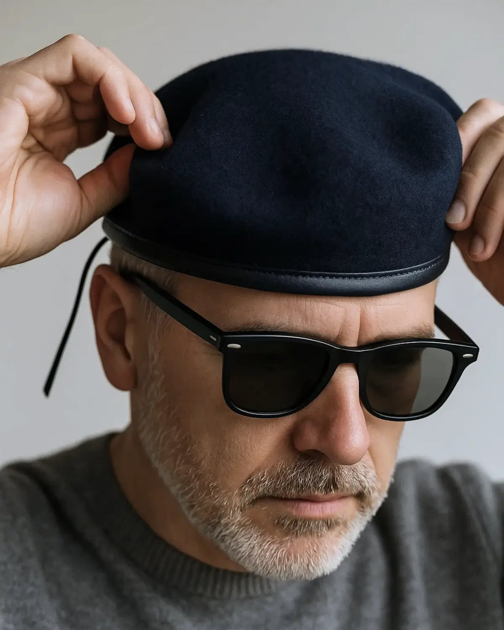 Detalhe de homem ajustando Boina Masculina Francesa de Lã Ajustável Navy Blue – estilo masculino clássico.