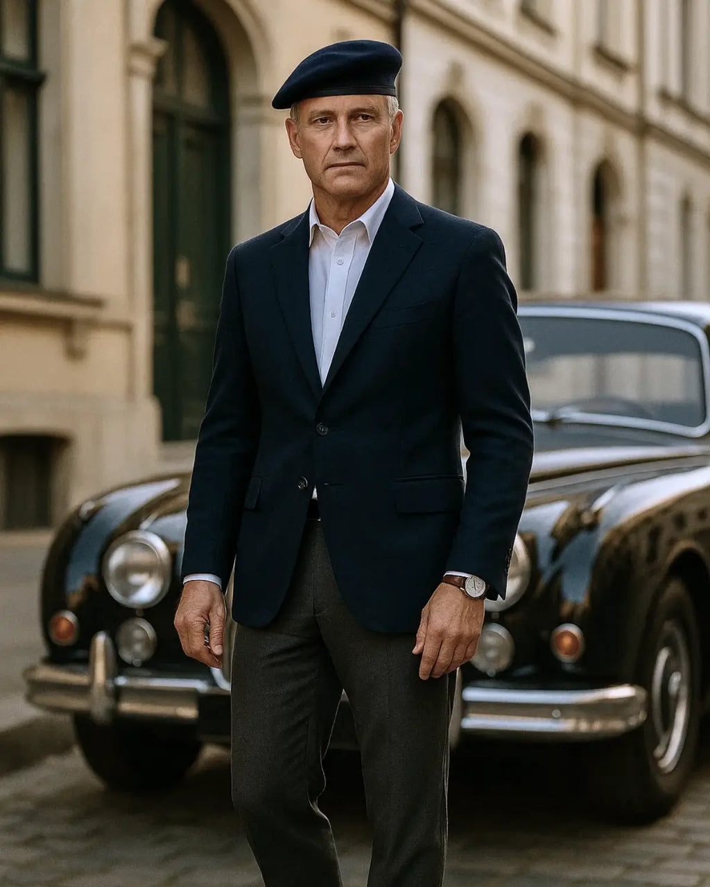Homem maduro usando Boina Masculina Francesa de Lã Ajustável Navy Blue com terno azul e relógio clássico, em frente a carro clássico.