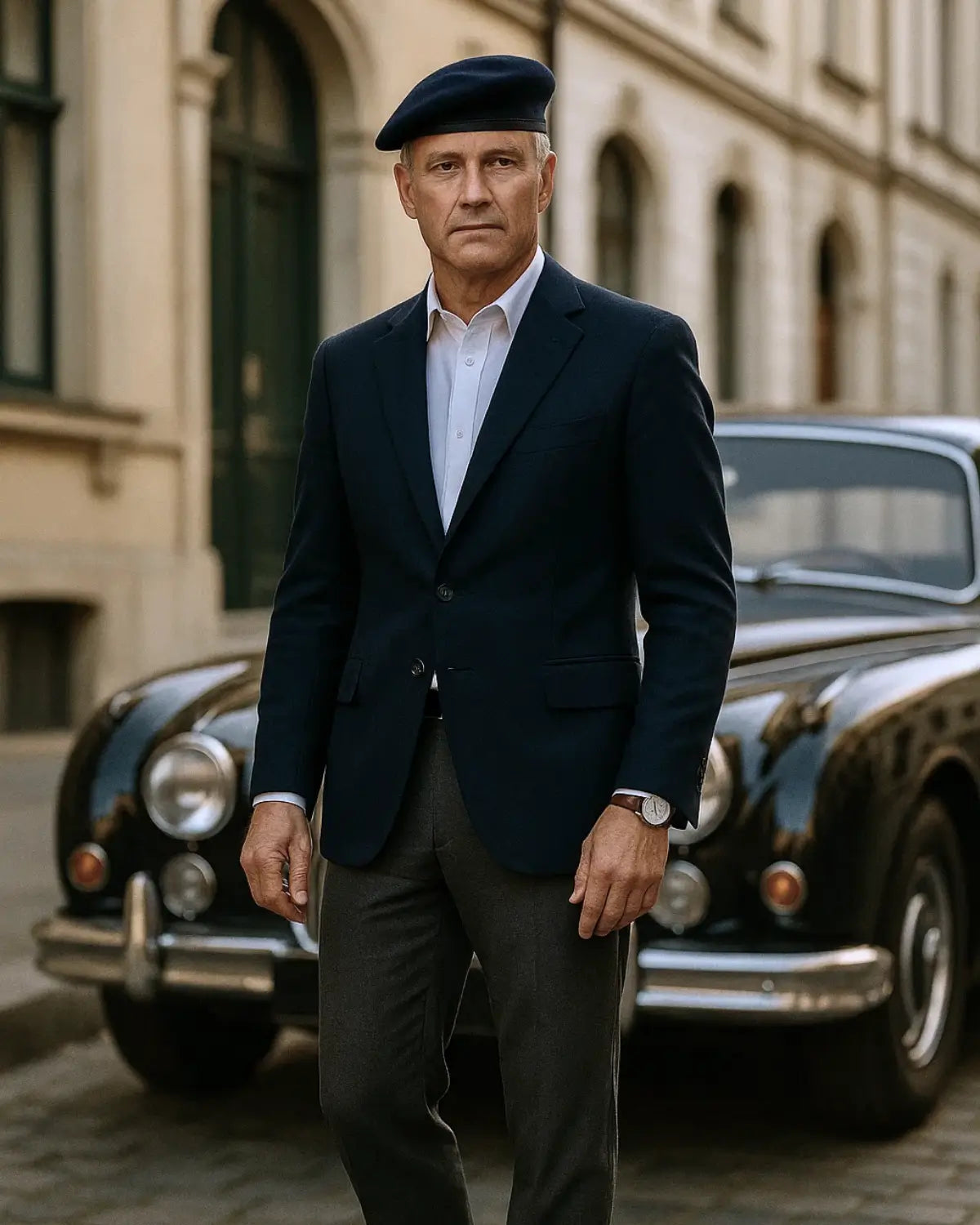 Homem maduro usando Boina Masculina Francesa de Lã Ajustável Navy Blue com terno azul e relógio clássico, em frente a carro clássico.