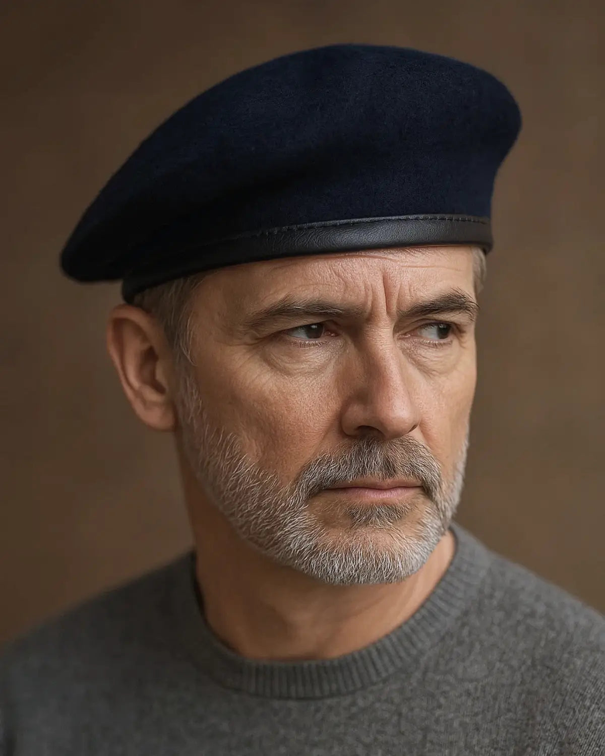 Homem maduro em perfil usando Boina Masculina Francesa de Lã Ajustável Navy Blue com suéter cinza – look sofisticado.