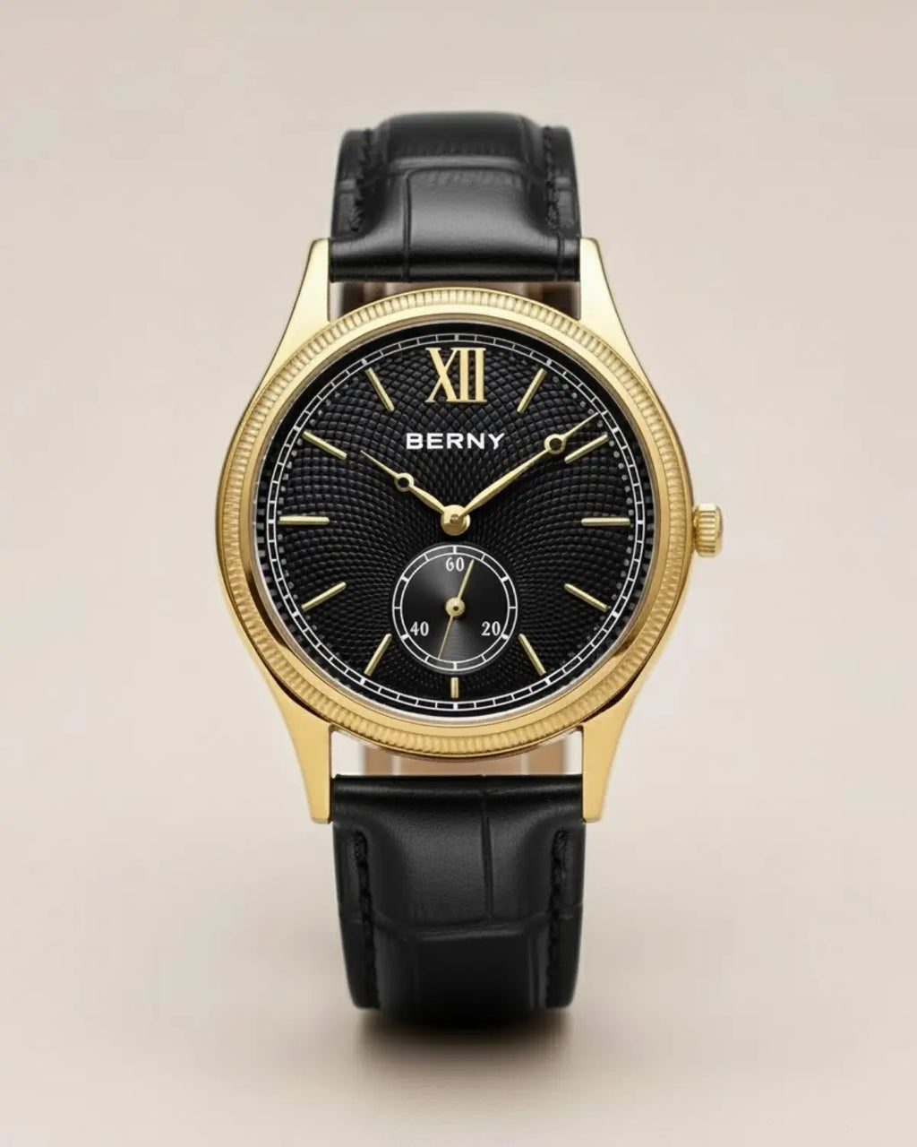 Relógio masculino Berny Monarch Black com caixa dourada e pulseira de couro preto, mostrador preto elegante
