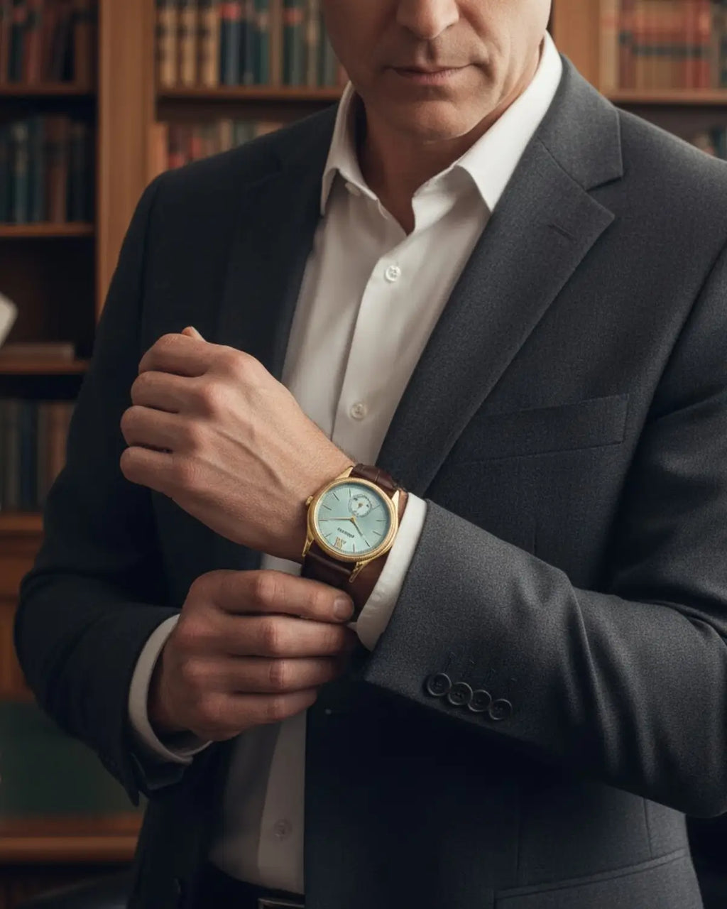 Homem ajustando o punho do terno com o Relógio Masculino Pulseira de Couro Monarch Blue