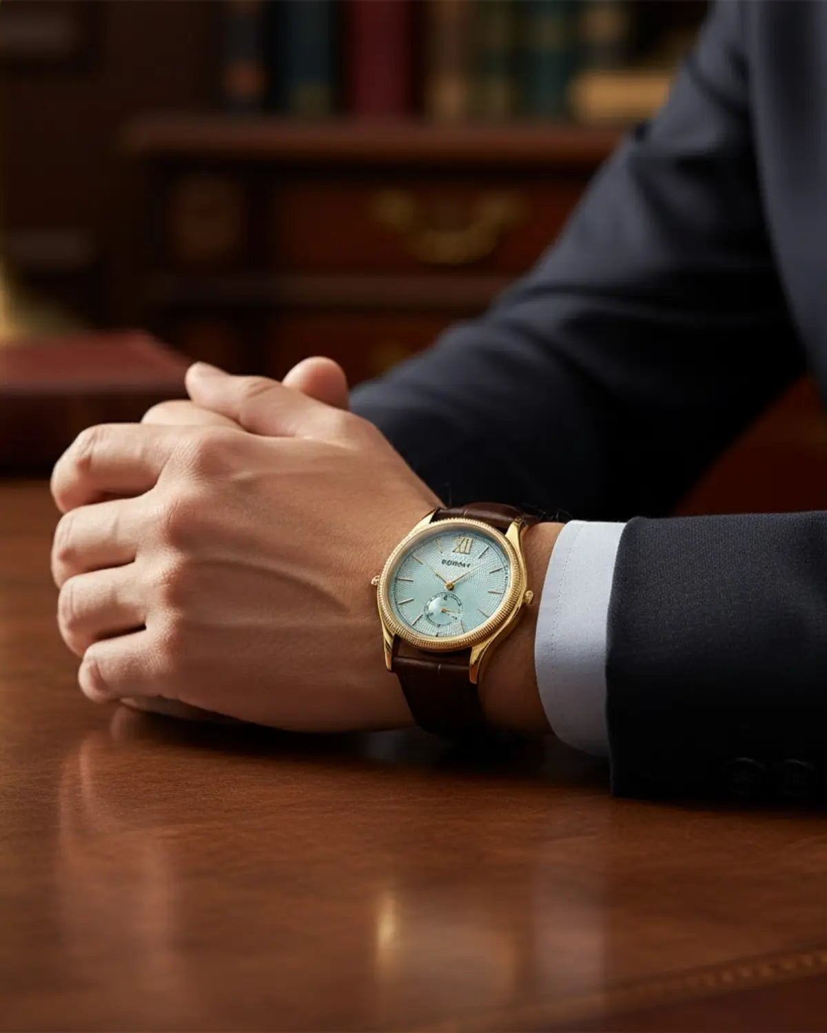 Homem usando Relógio Masculino Pulseira de Couro Monarch Blue em ambiente executivo