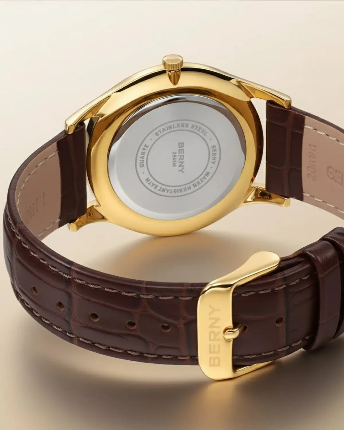 Vista traseira do Relógio Masculino Pulseira de Couro Monarch Blue com gravação em aço inoxidável