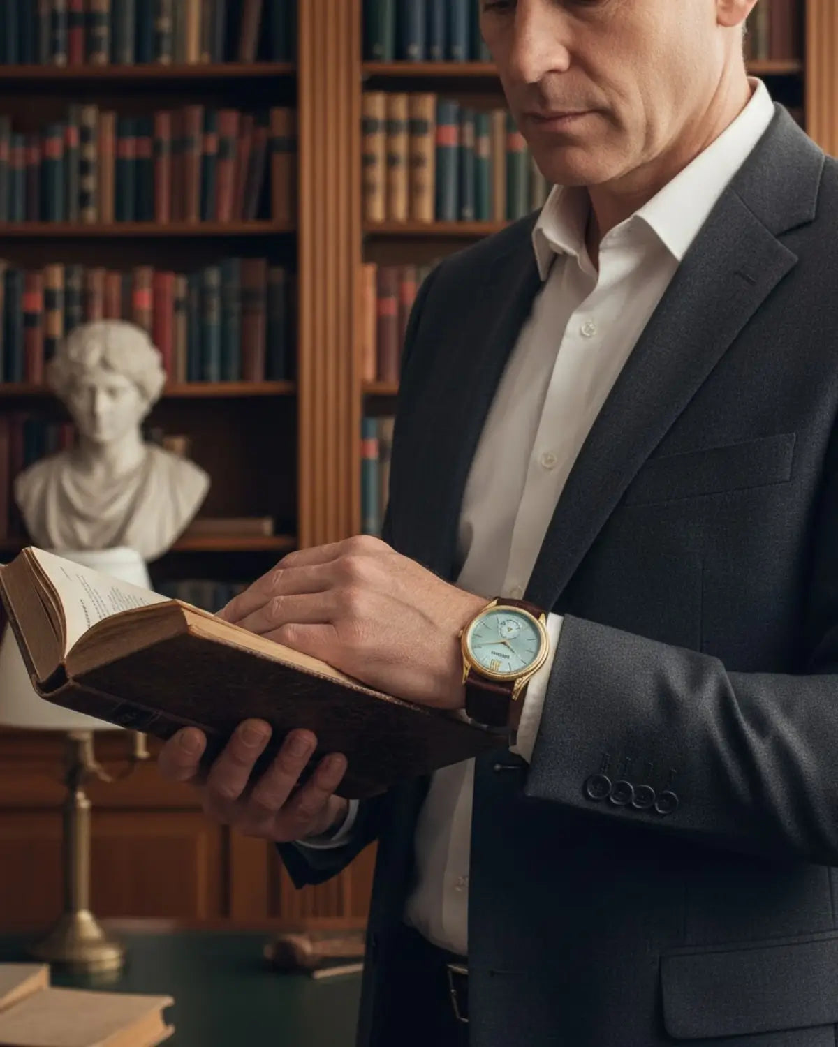 Homem lendo um livro com o Relógio Masculino Pulseira de Couro Monarch Blue no pulso.
