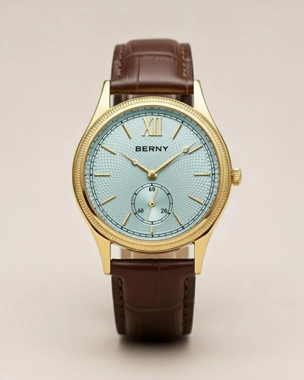 Relógio Masculino Pulseira de Couro Monarch Blue com mostrador azul-claro e caixa dourada