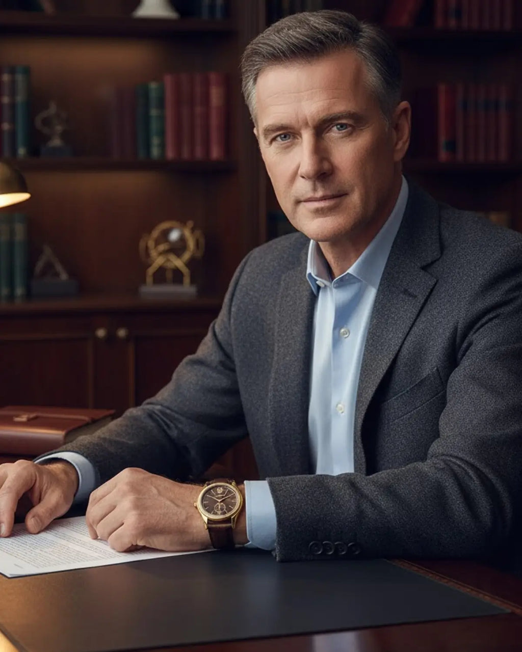 Homem elegante com Relógio Masculino monarch Brown em escritório com decoração refinada — símbolo de sucesso e discrição