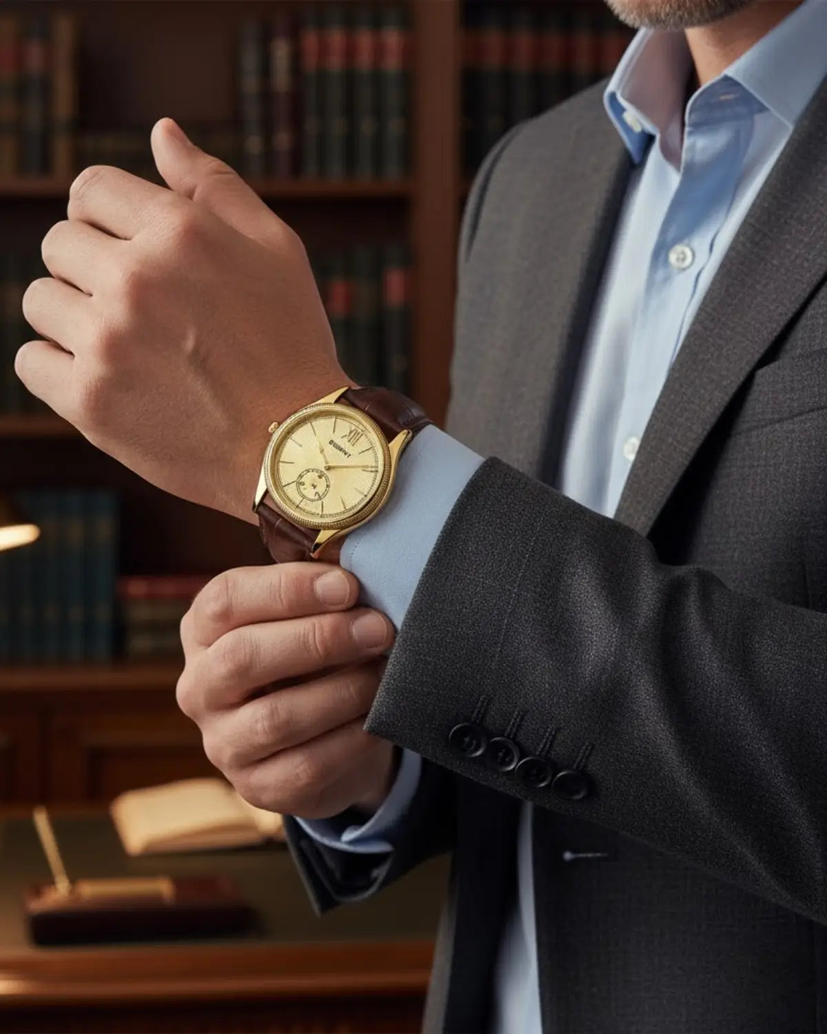 Executivo ajustando Relógio Masculino Pulseira de Couro monarch Gold com paletó cinza e camisa azul — símbolo de sucesso e elegância discreta