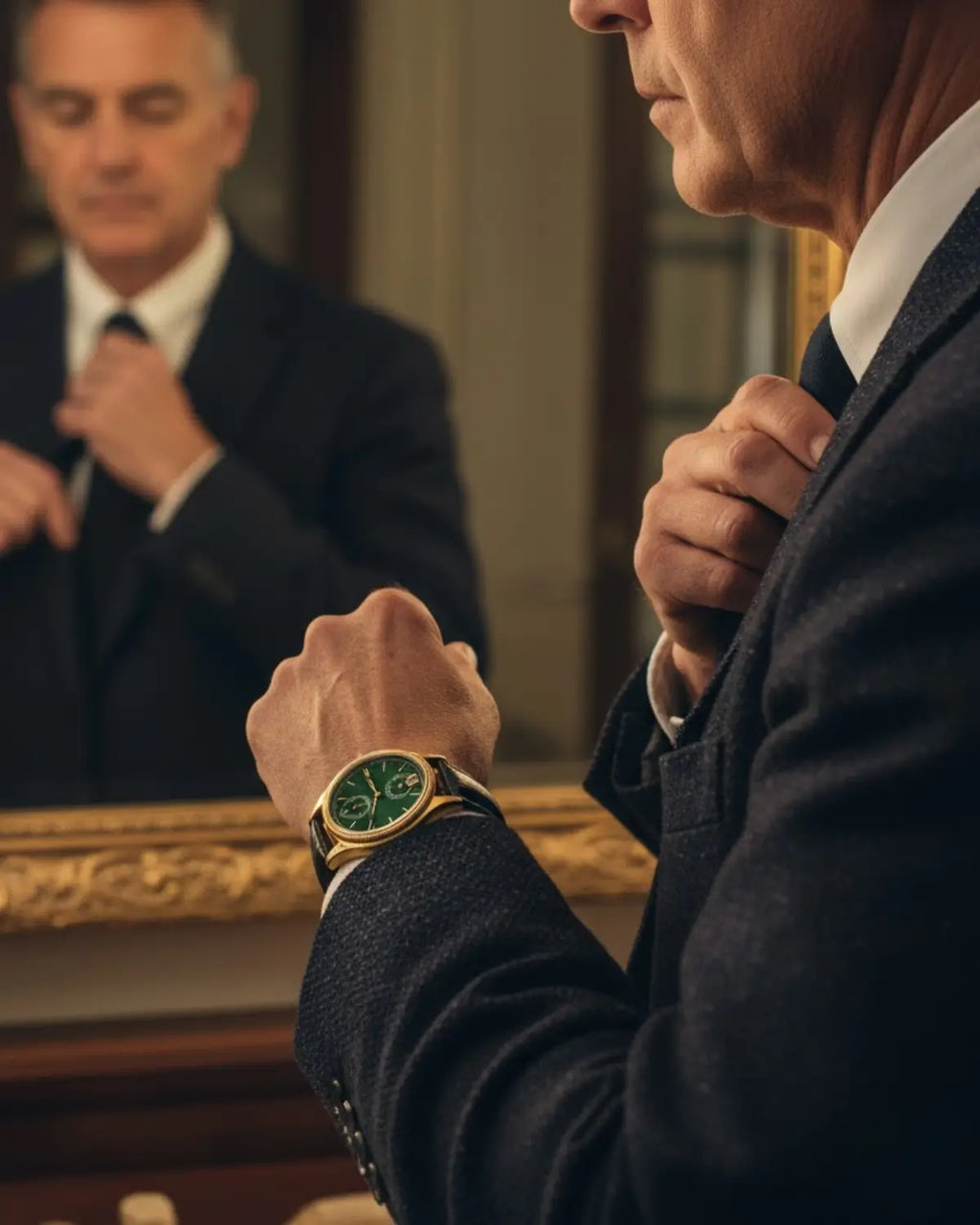 Homem ajustando a gravata com Relógio Masculino Pulseira de Couro Monarch Green no pulso