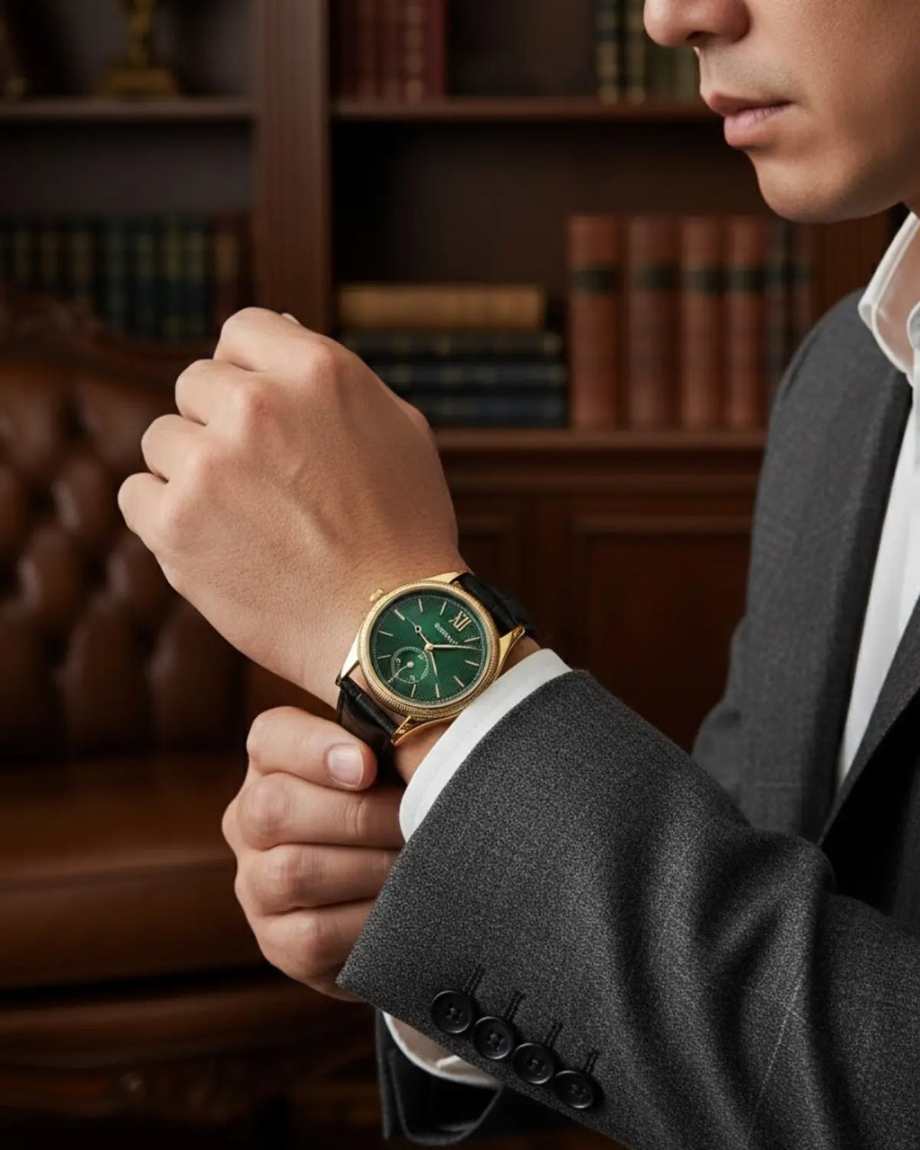 Homem usando Relógio Masculino Pulseira de Couro Monarch Green em ambiente executivo