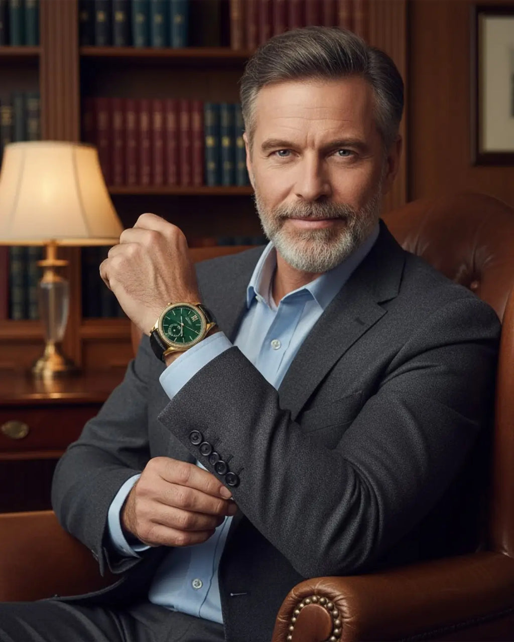 Executivo elegante com Relógio Masculino Pulseira de Couro Monarch Green em sala refinada