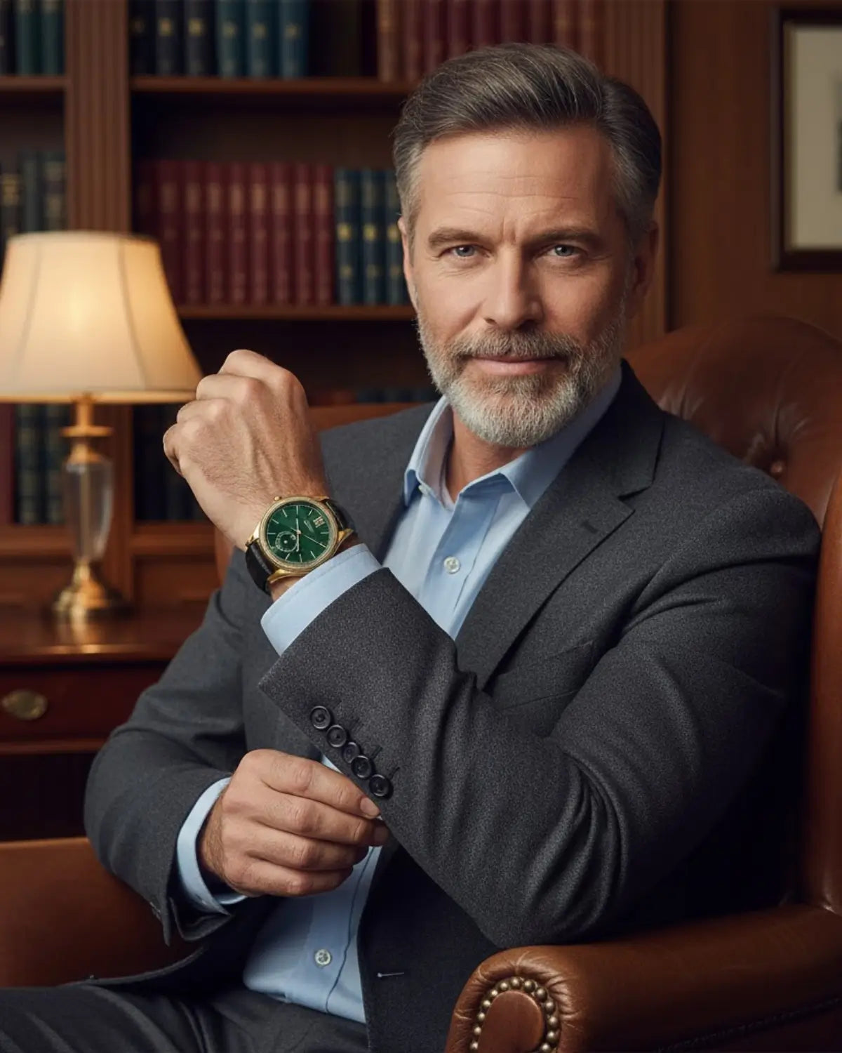 Executivo elegante com Relógio Masculino Pulseira de Couro Monarch Green em sala refinada