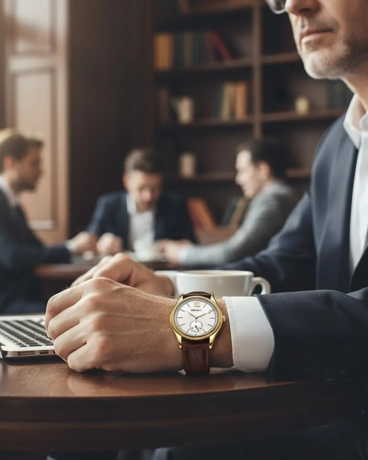 Homem de terno em reunião usando Relógio Masculino Pulseira de Couro Monarch White — sofisticação em ambiente executivo