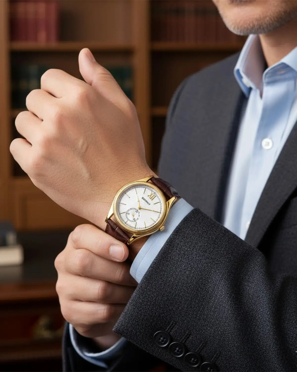 Executivo ajustando o Relógio Masculino Pulseira de Couro Monarch White com terno escuro e camisa azul — símbolo de elegância e sucesso