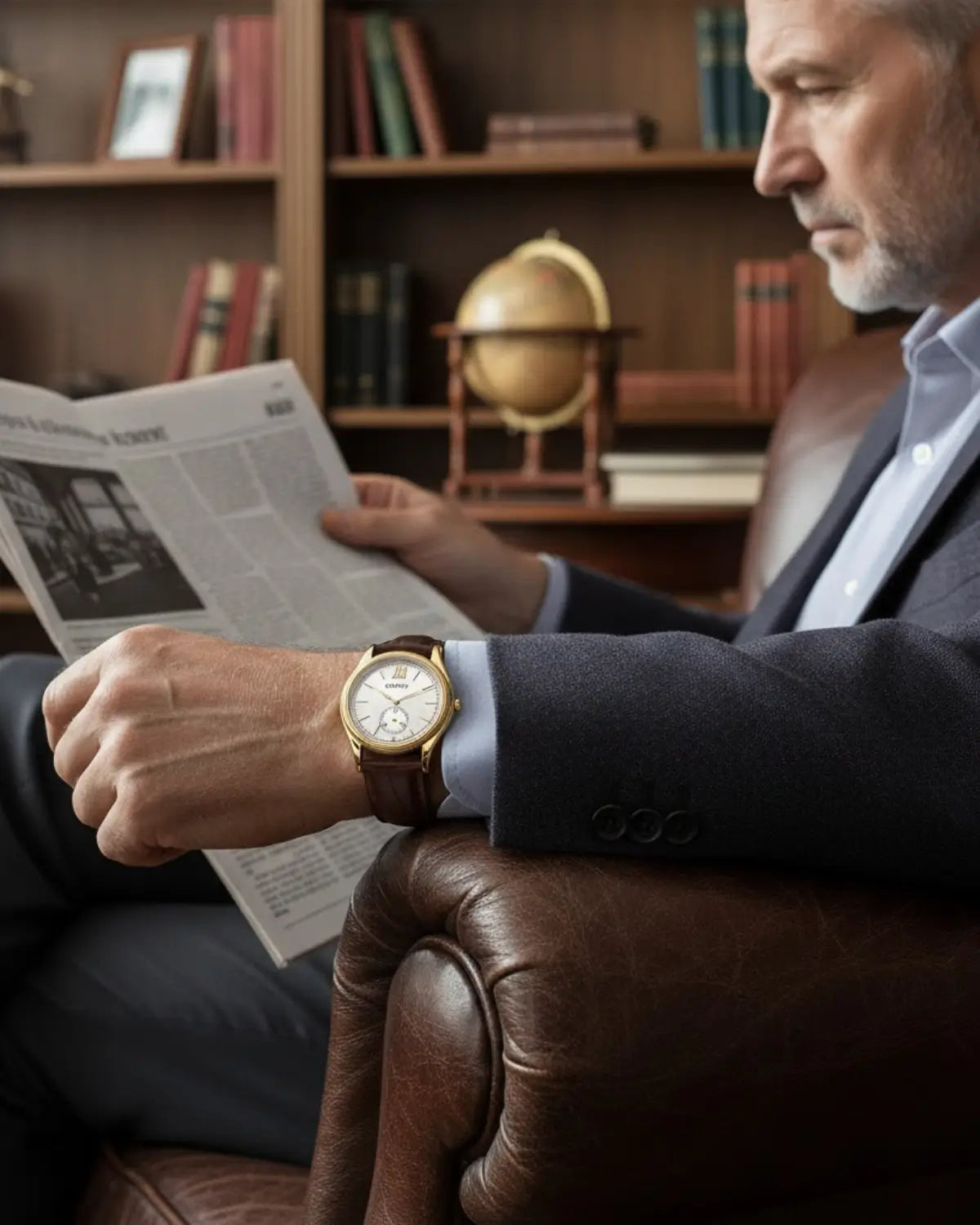 Homem lendo jornal em poltrona de couro usando Relógio Monarch White — elegância discreta e estilo clássico