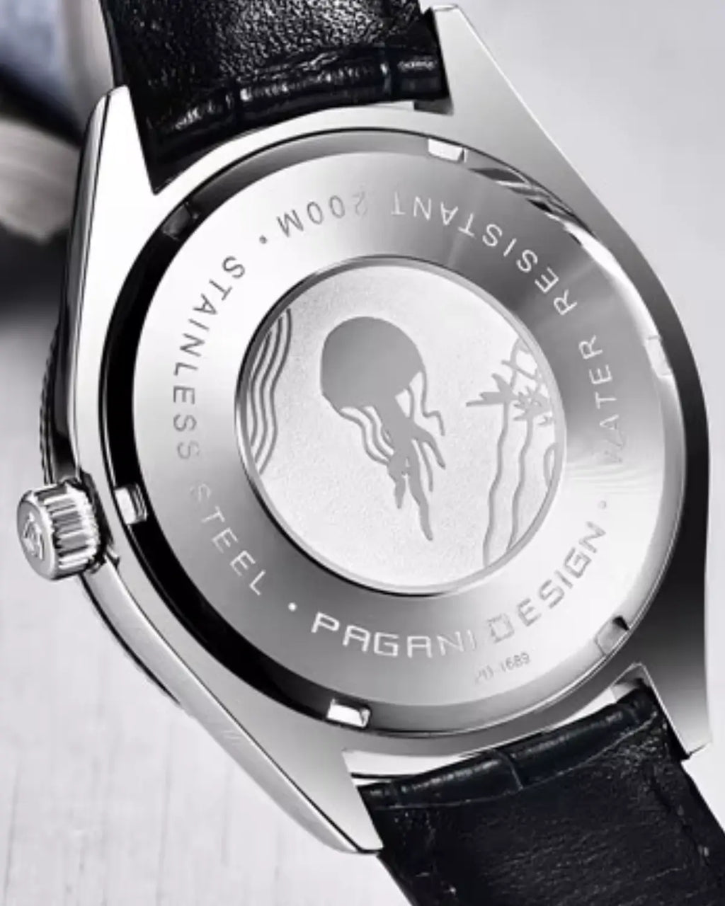 Vista traseira do Relógio Masculino Pulseira de Couro Regent Black com tampa em aço inoxidável