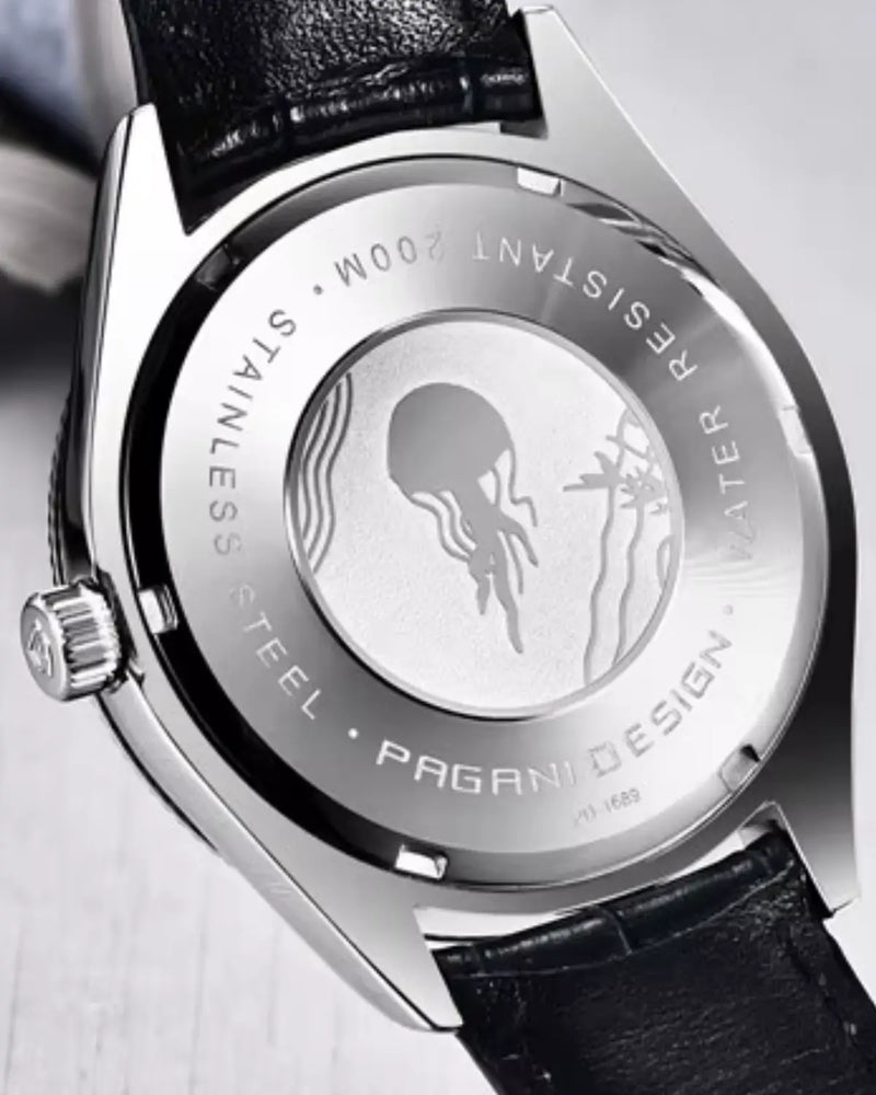 Vista traseira do Relógio Masculino Pulseira de Couro Regent Black com tampa em aço inoxidável
