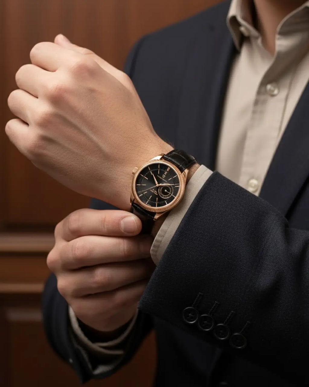 Homem ajustando o Relógio Masculino Pulseira de Couro Regent Black Gold com terno social