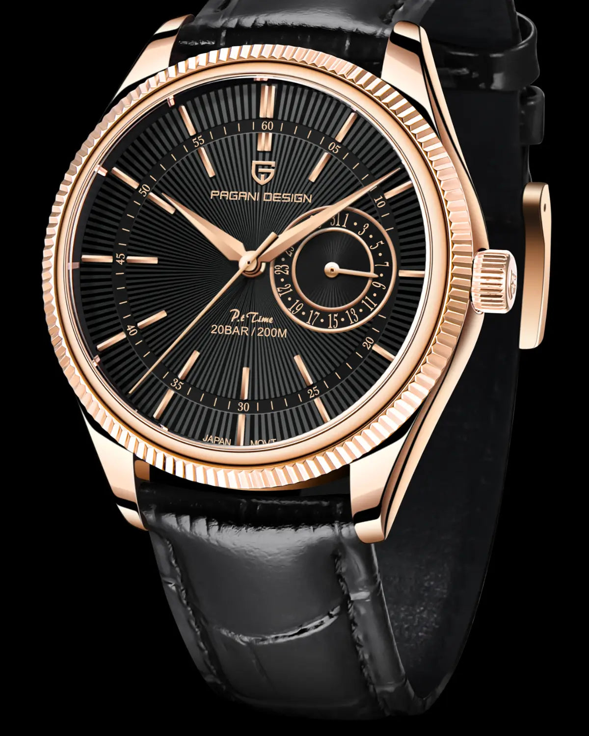 Relógio Masculino Pulseira de Couro Regent Black Gold sobre superfície preta, design refinado