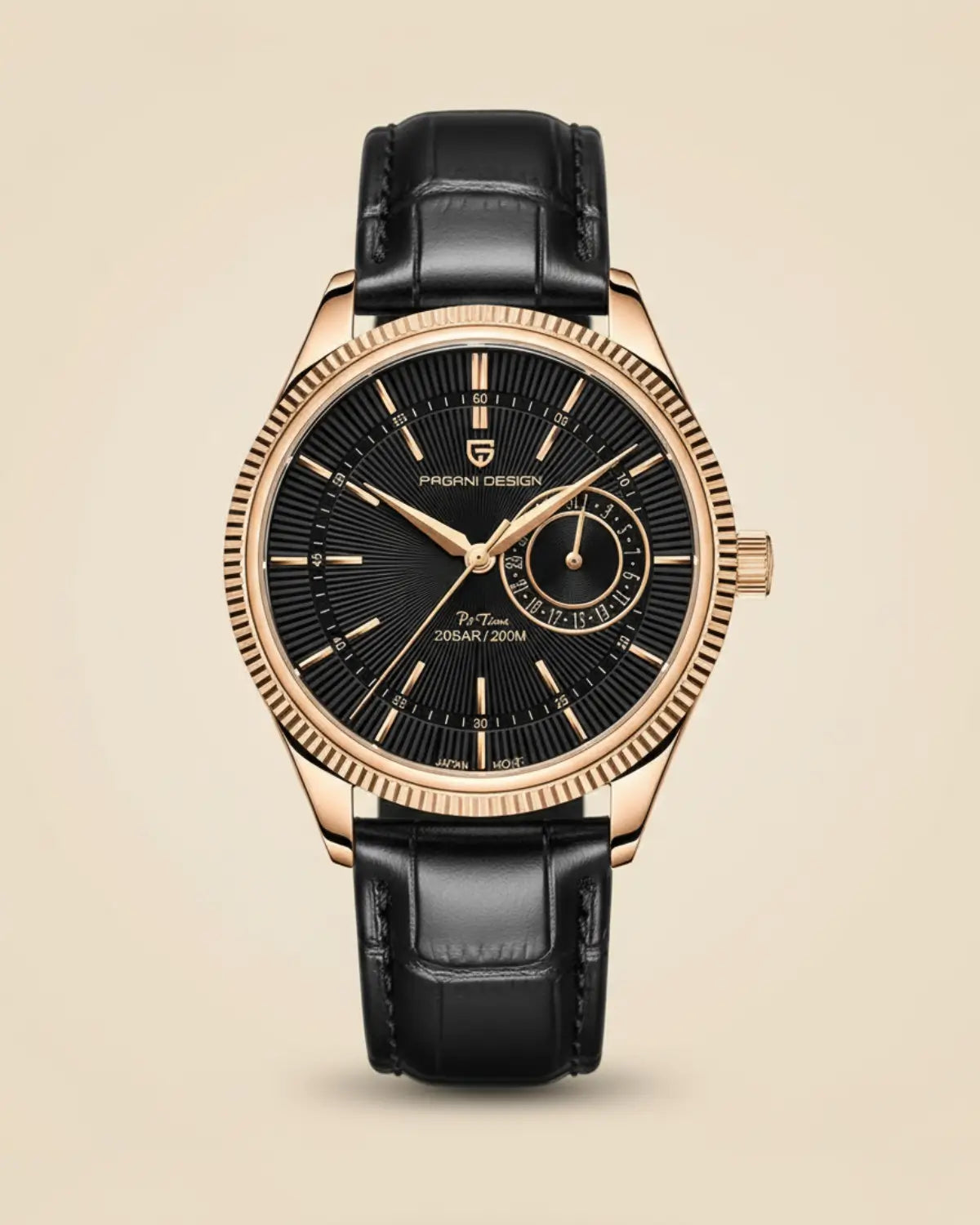 Relógio Masculino Pulseira de Couro Regent Black Gold com mostrador preto e caixa dourada