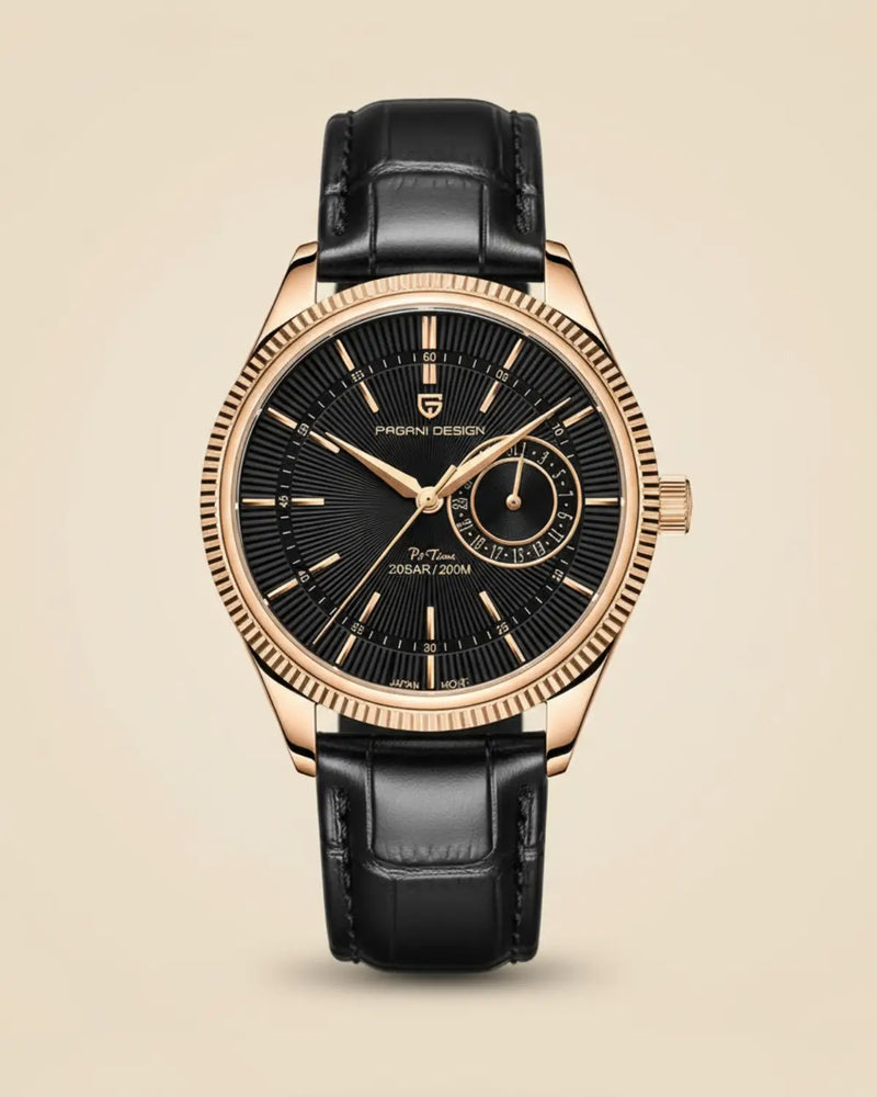 Relógio Masculino Pulseira de Couro Regent Black Gold com mostrador preto e caixa dourada