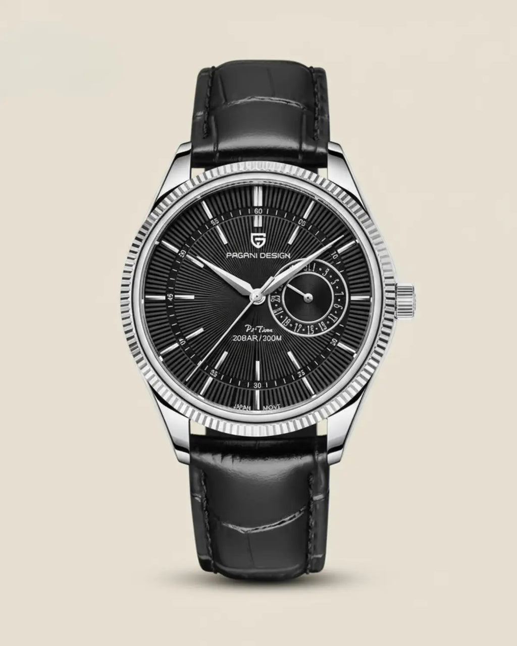 Relógio Masculino Pulseira de Couro Regent Black com mostrador preto e caixa prateada