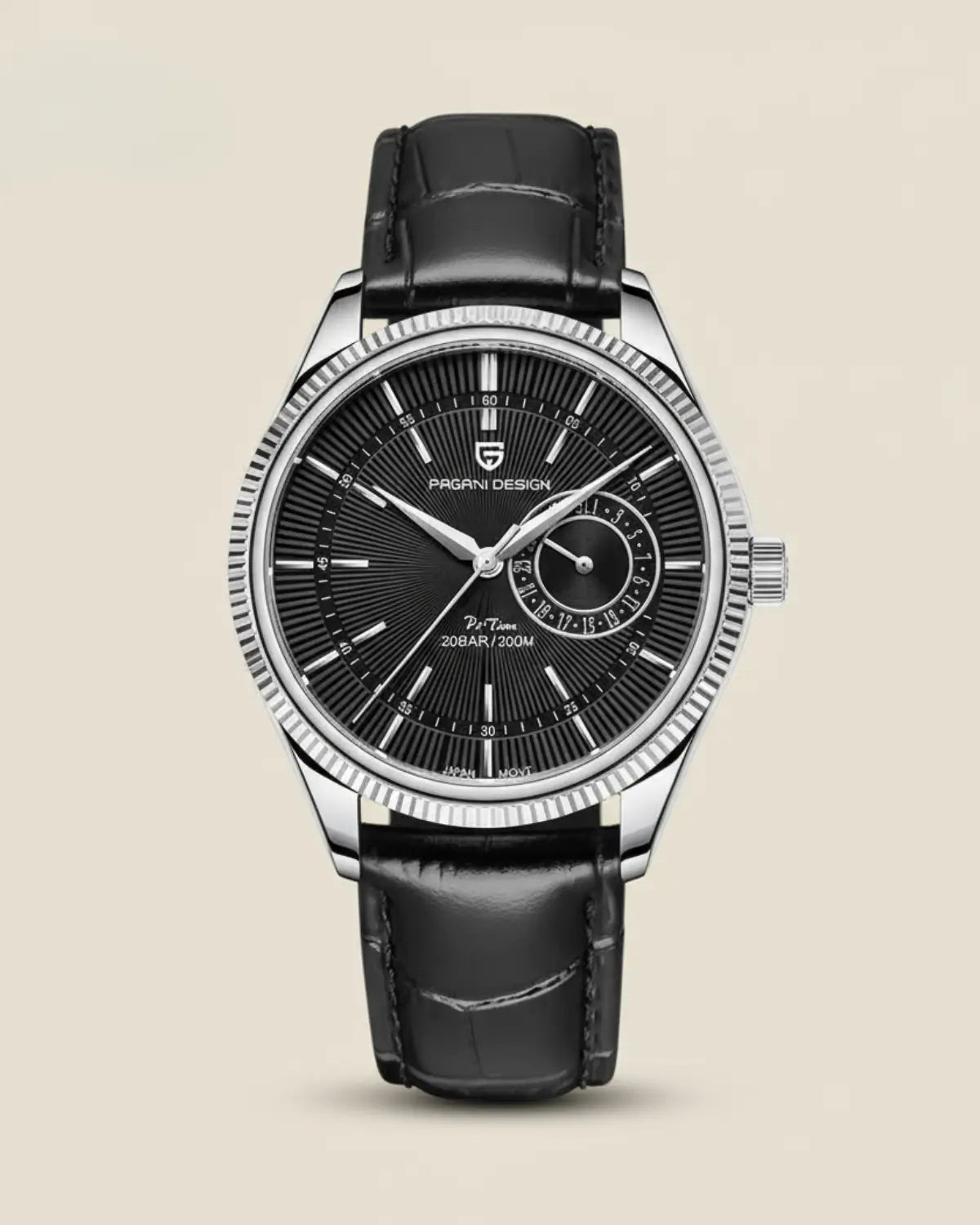 Relógio Masculino Pulseira de Couro Regent Black com mostrador preto e caixa prateada