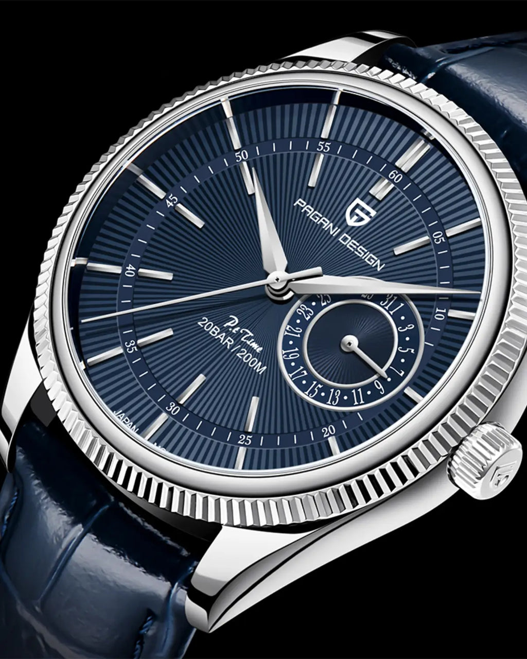 Detalhe lateral do Relógio Masculino Pulseira de Couro Regent Blue com acabamento em aço inoxidável