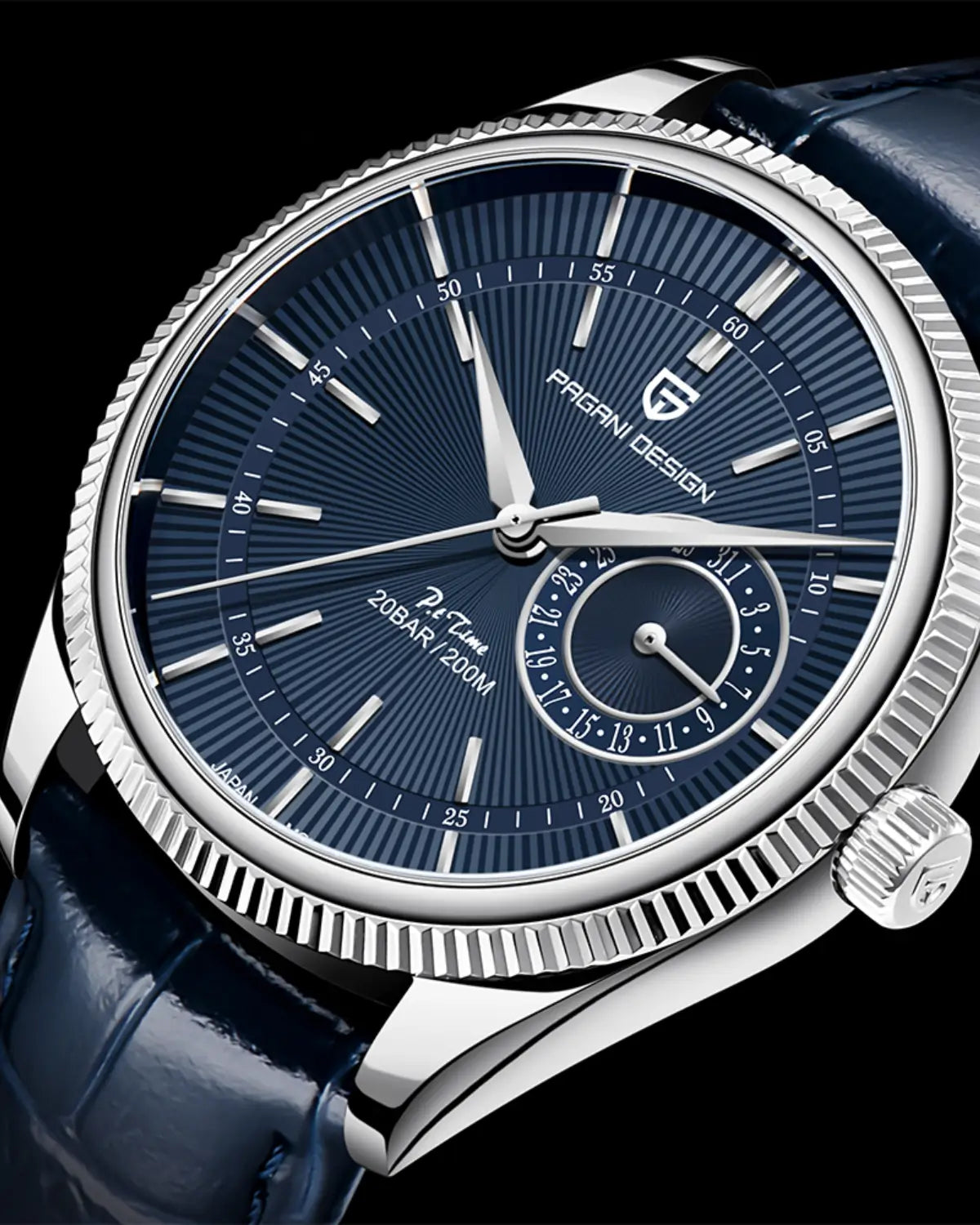 Detalhe lateral do Relógio Masculino Pulseira de Couro Regent Blue com acabamento em aço inoxidável