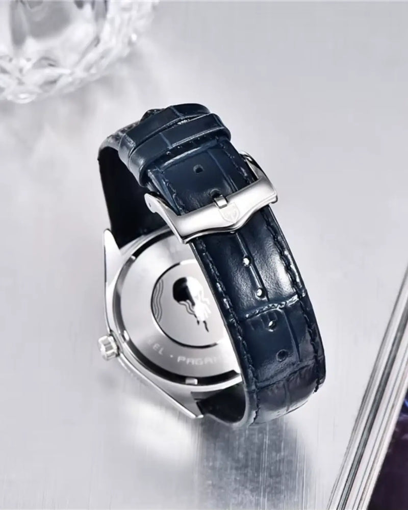 Vista traseira do Relógio Masculino Pulseira de Couro Regent Blue com tampa em aço inoxidável