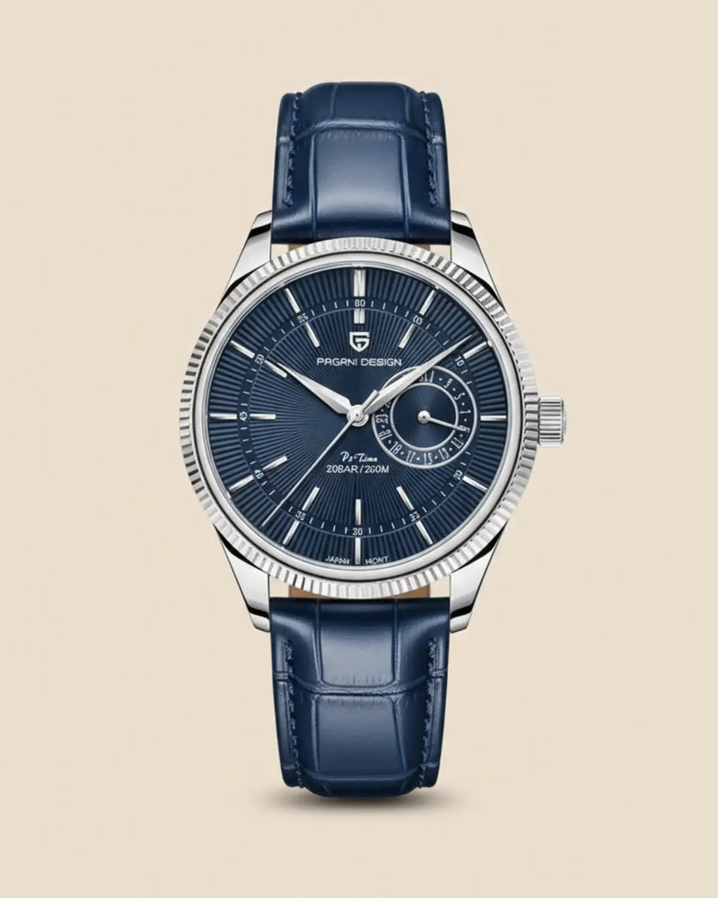 Relógio Masculino Pulseira de Couro Regent Blue com mostrador azul e caixa prateada