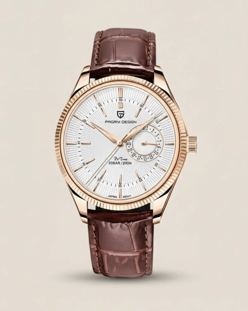 Relógio Masculino Pulseira de Couro Regent Brown Gold com caixa dourada e mostrador prateado