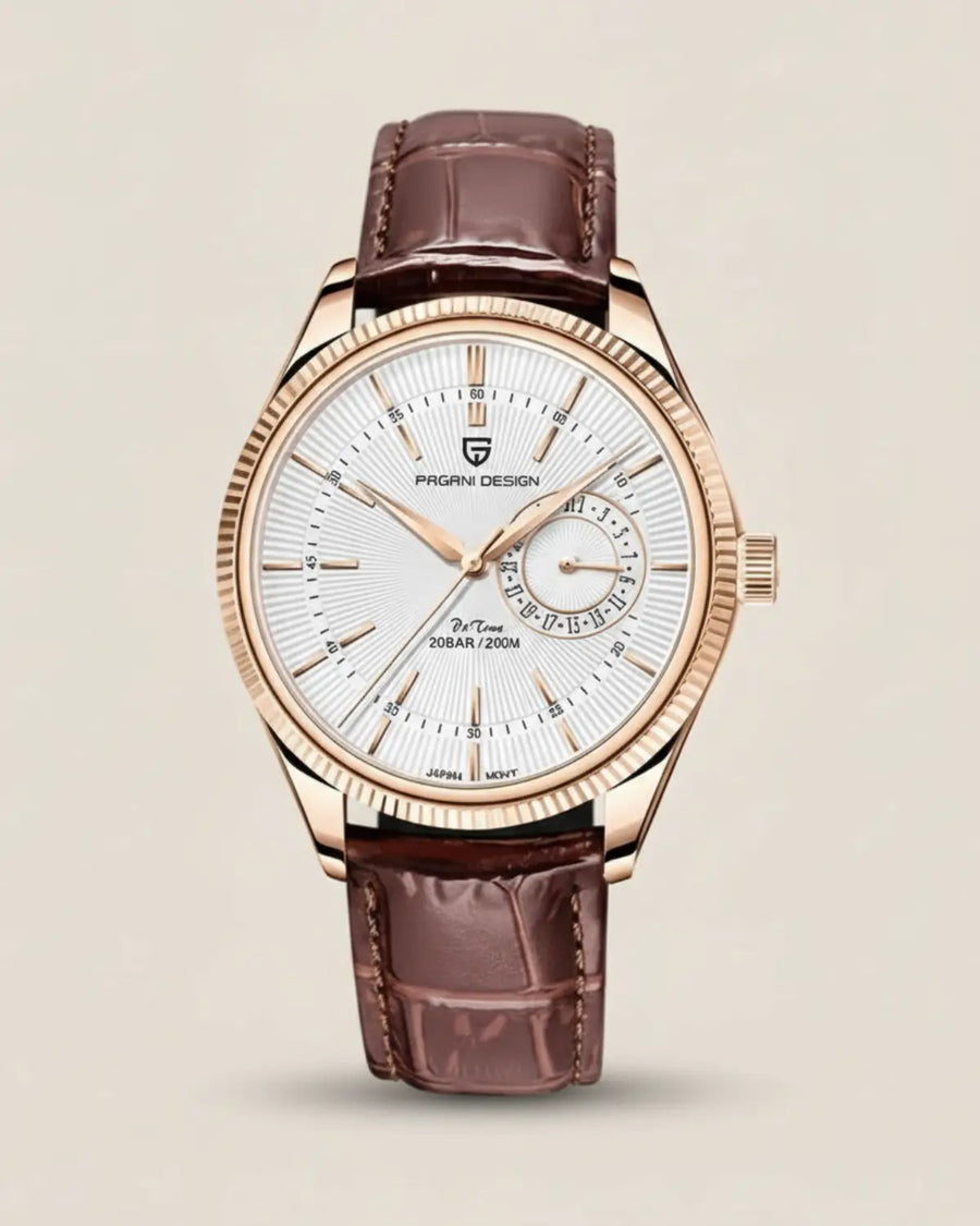 Relógio Masculino Pulseira de Couro Regent Brown Gold com caixa dourada e mostrador prateado