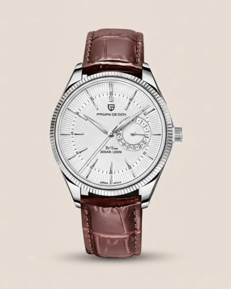 Relógio Masculino Pulseira de Couro Regent Brown com mostrador prateado e caixa em aço inoxidável