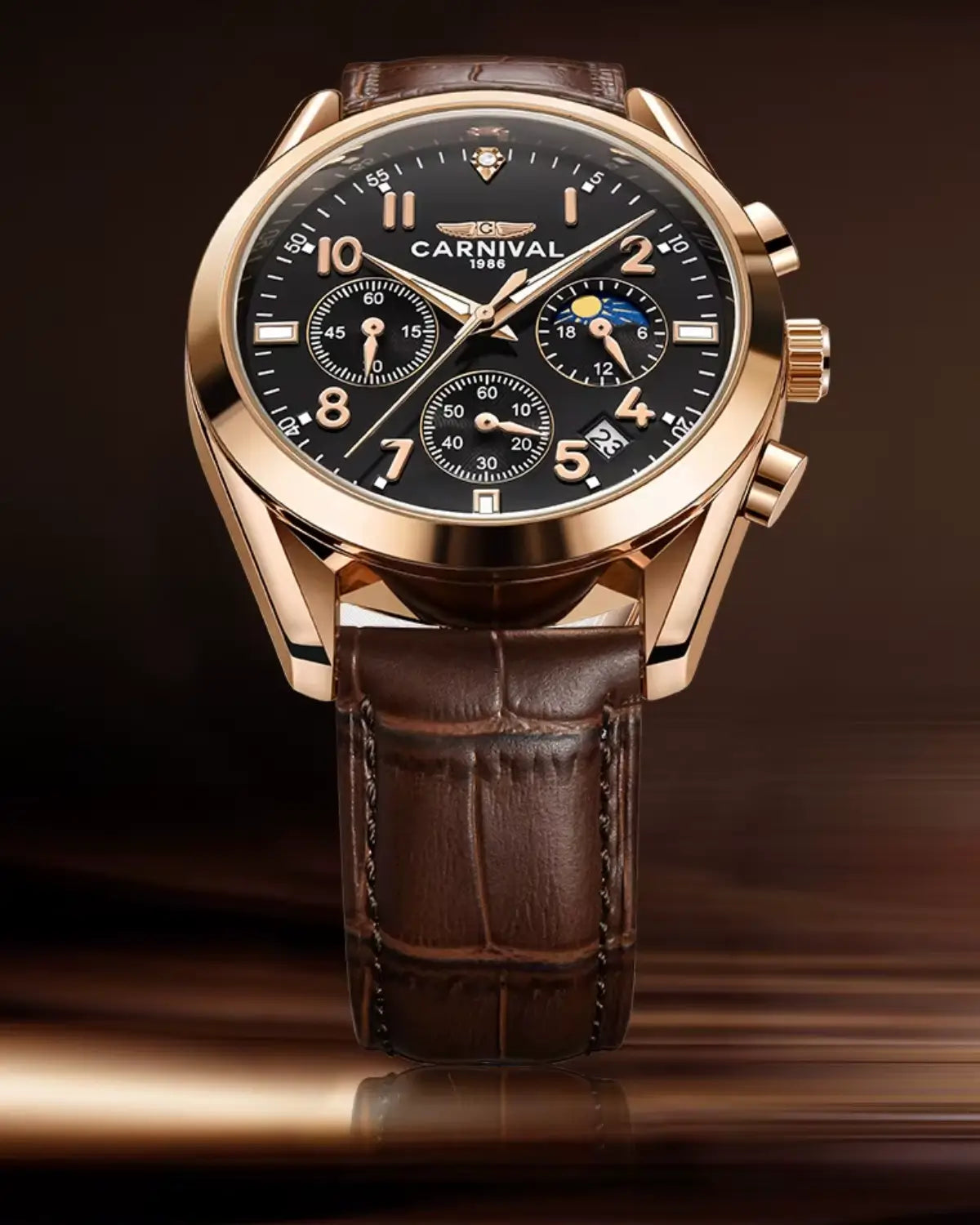 Detalhe lateral do Relógio Masculino Pulseira de Couro Veridor Rosé Gold com acabamento metálico