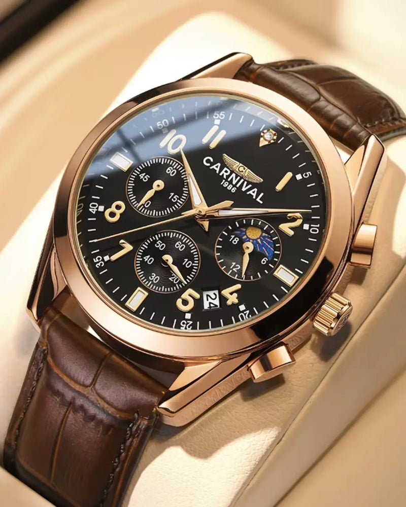 Close detalhado do Relógio Masculino Pulseira de Couro Veridor Rosé Gold com mostrador preto e caixa dourada