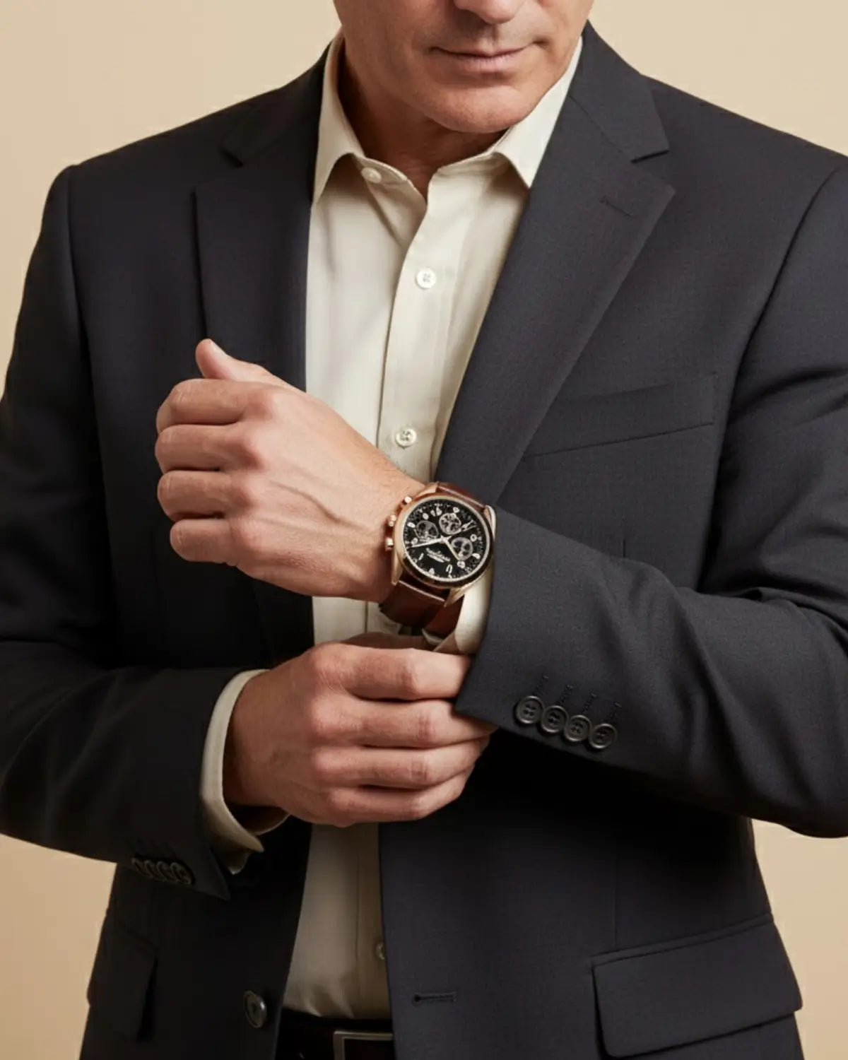 Homem ajustando o Relógio Masculino Pulseira de Couro Veridor Rosé Gold com terno elegante