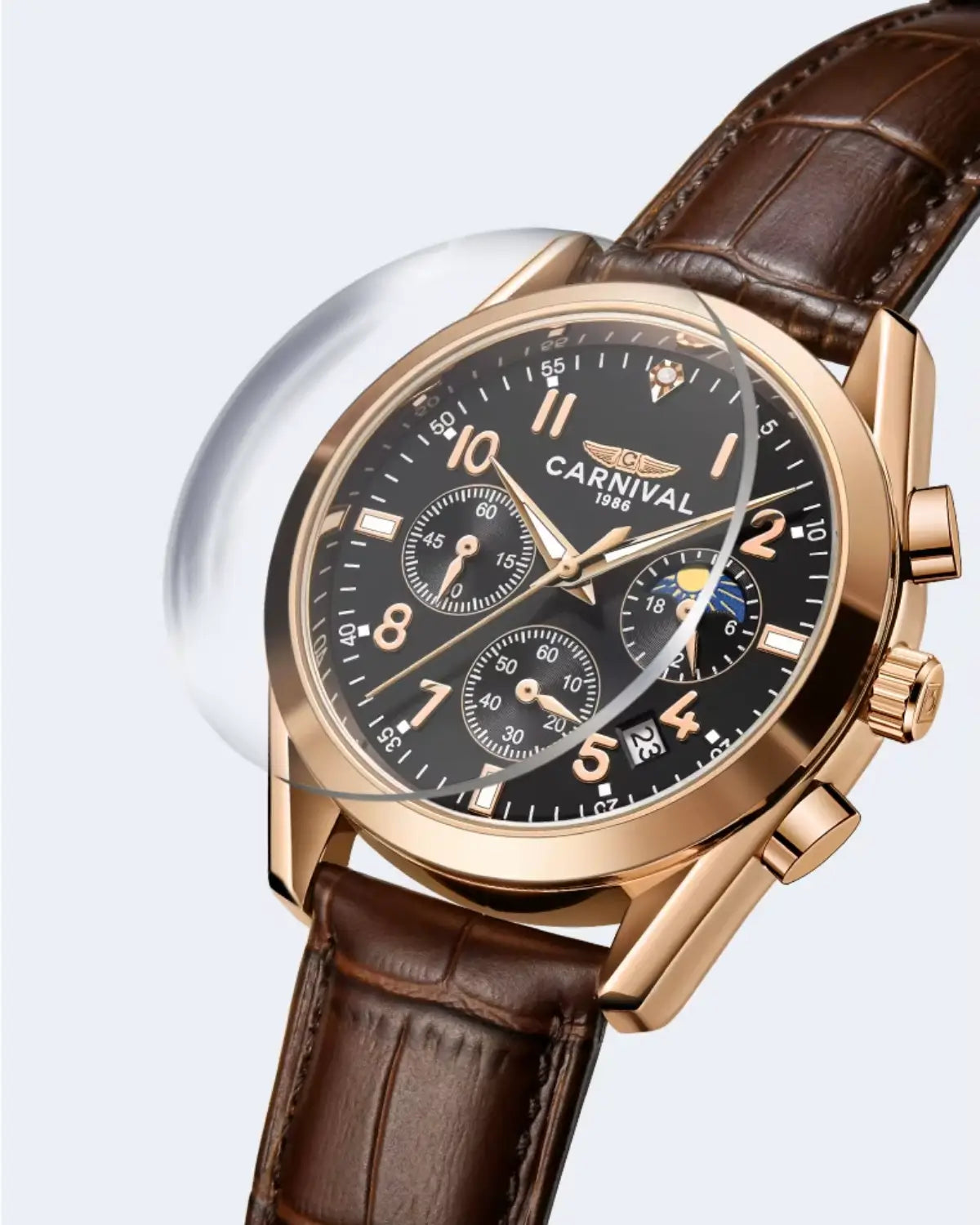 Relógio Masculino Pulseira de Couro Veridor Rosé Gold com vidro de safira e pulseira de couro marrom