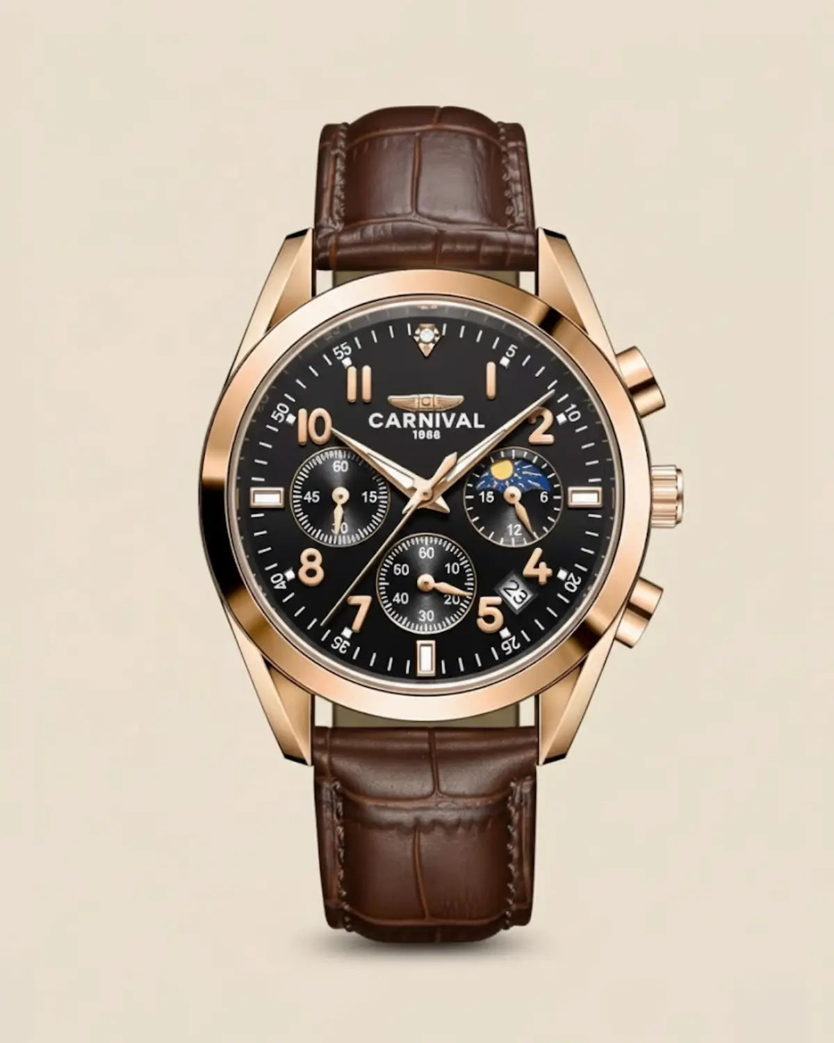 Relógio Masculino Pulseira de Couro Veridor Rosé Gold com mostrador preto e caixa rosé