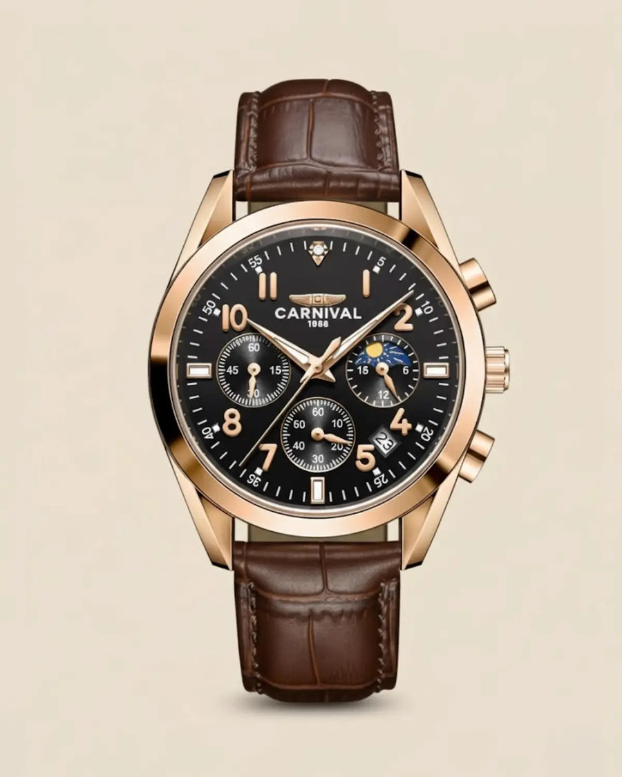 Relógio Masculino Pulseira de Couro Veridor Rosé Gold com mostrador preto e caixa rosé