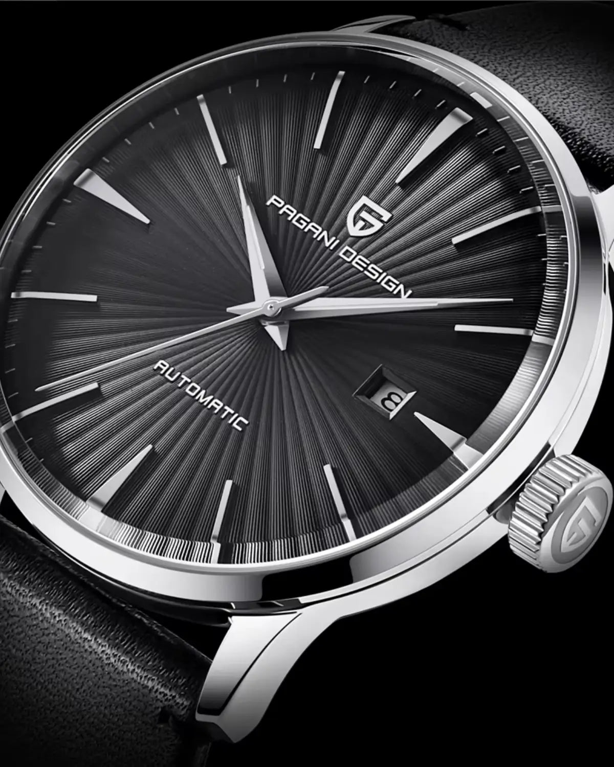 Detalhe lateral do Relógio Masculino Pulseira de Couro Virtus Black com vidro de safira