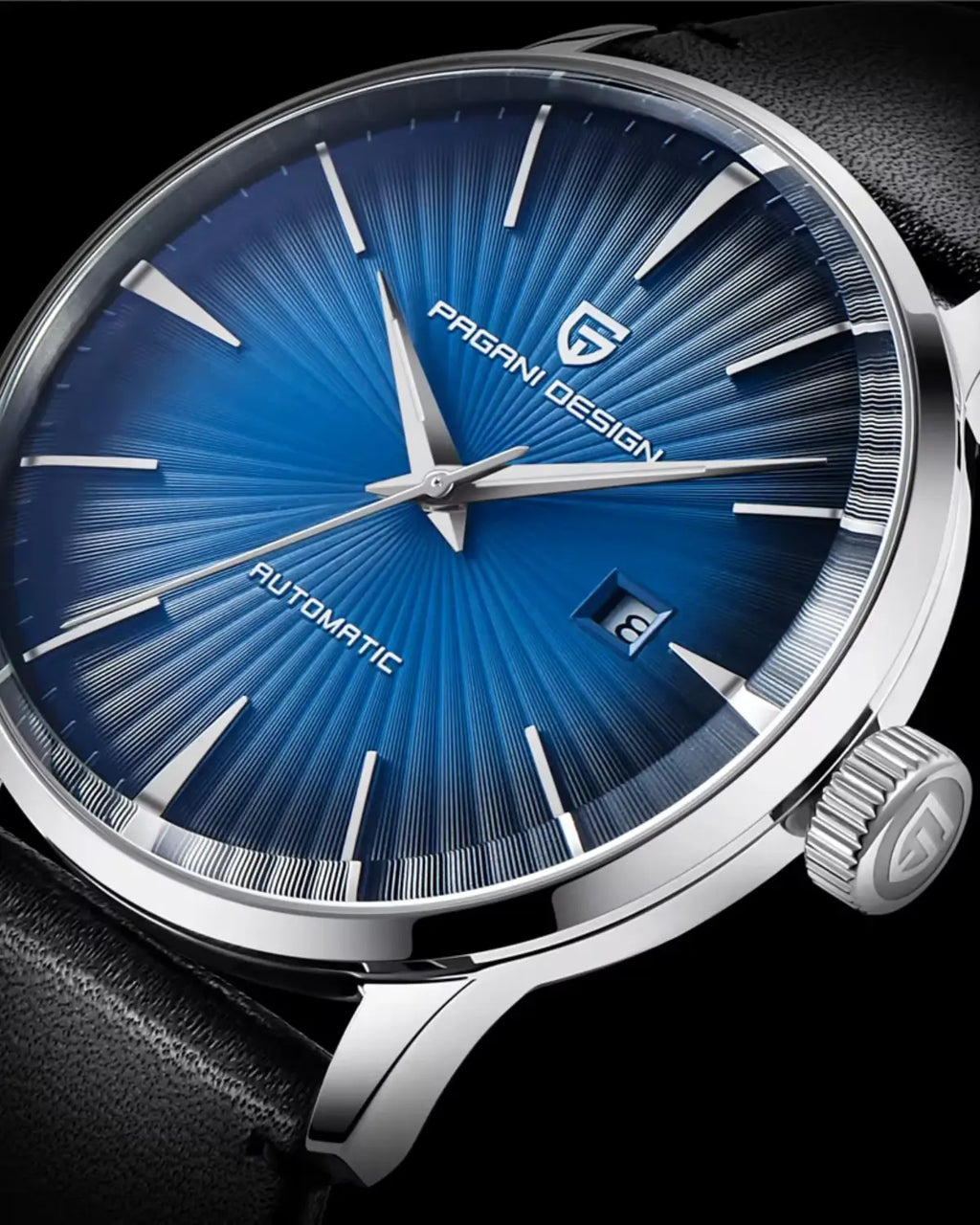 Close do mostrador do Relógio Masculino Pulseira de Couro Virtus Blue com acabamento metálico