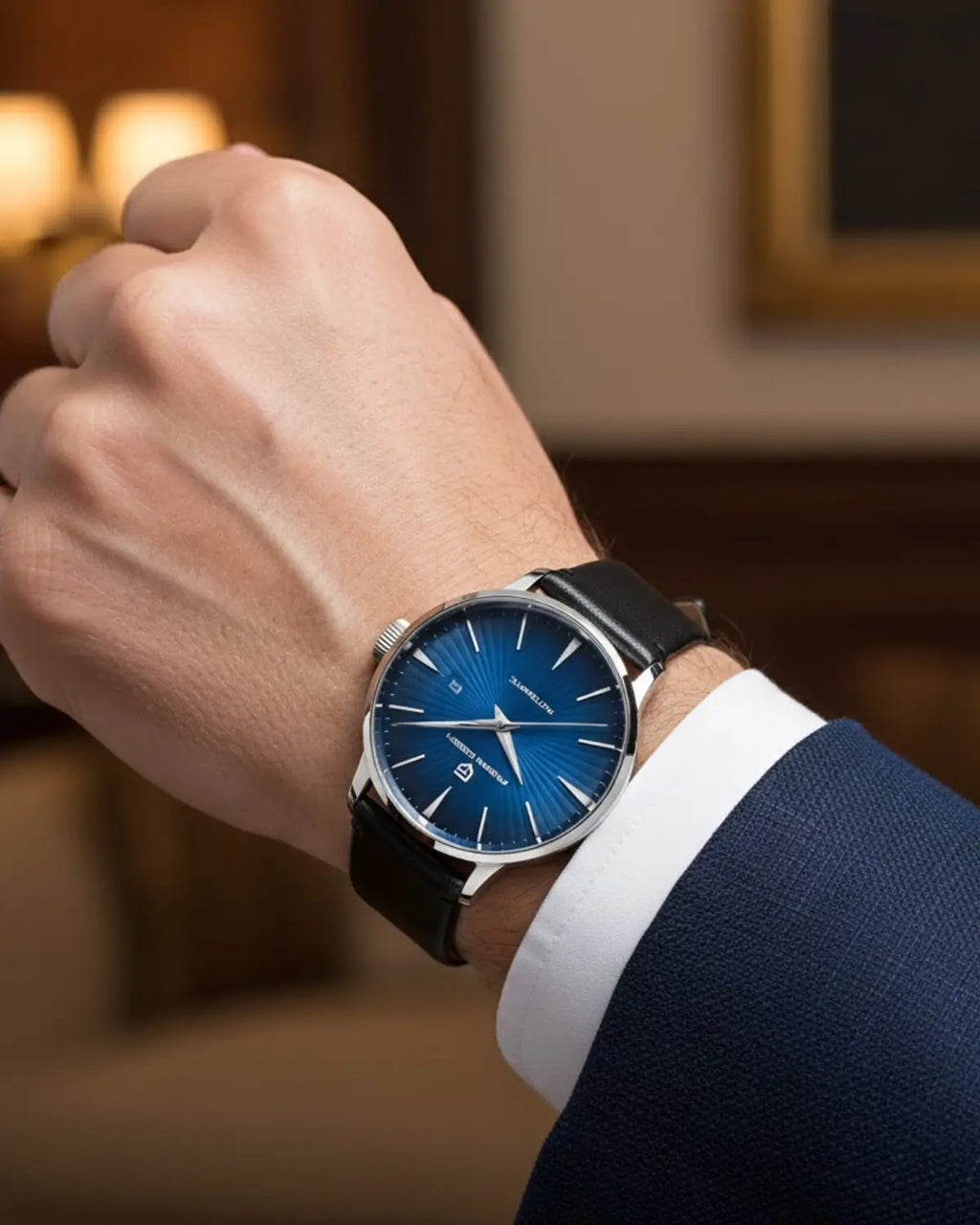 Relógio Masculino Pulseira de Couro Virtus Blue no pulso, estilo sofisticado e moderno