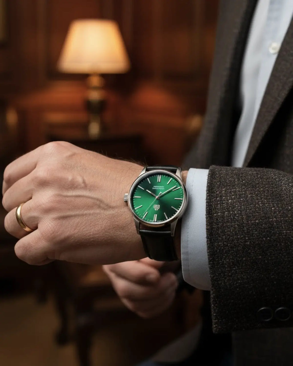 Relógio Masculino Pulseira de Couro Virtus Green no pulso, estilo elegante e contemporâneo