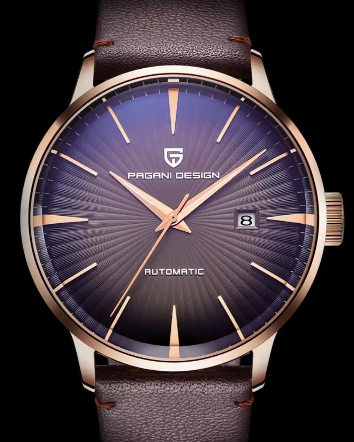 Close do mostrador do Relógio Masculino Pulseira de Couro Virtus Purple com acabamento metálico