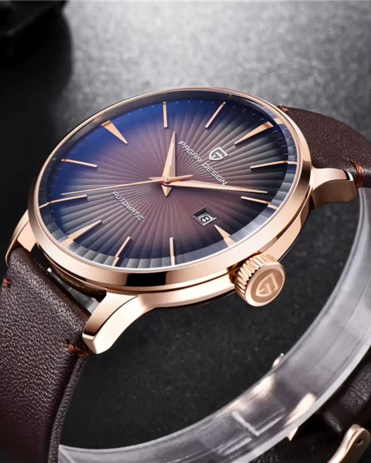 Relógio Masculino Pulseira de Couro Virtus Purple em fotografia editorial sofisticada