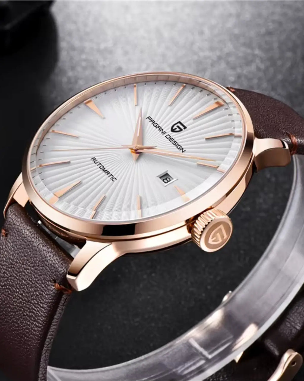 Detalhe lateral do Relógio Masculino Pulseira de Couro Virtus White com vidro de safira.