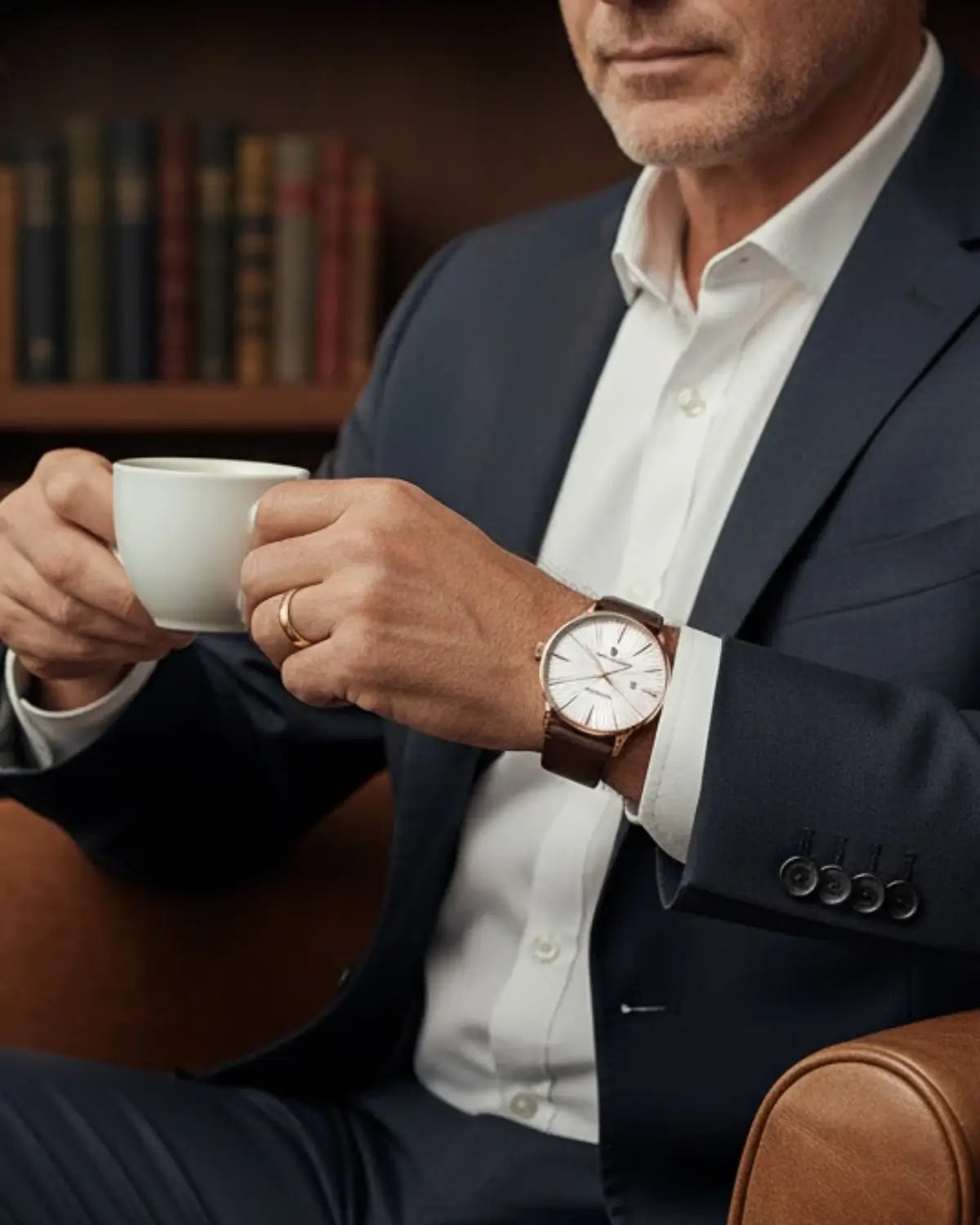 Homem vestindo terno com Relógio Masculino Pulseira de Couro Virtus White.