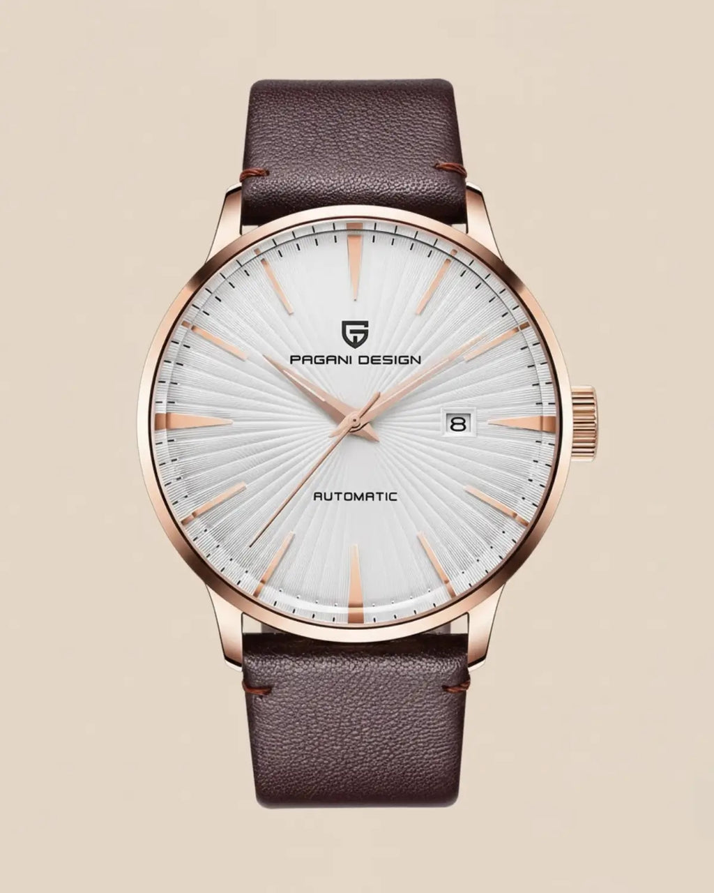 Relógio Masculino Pulseira de Couro Virtus White com mostrador branco e caixa dourada rosé.