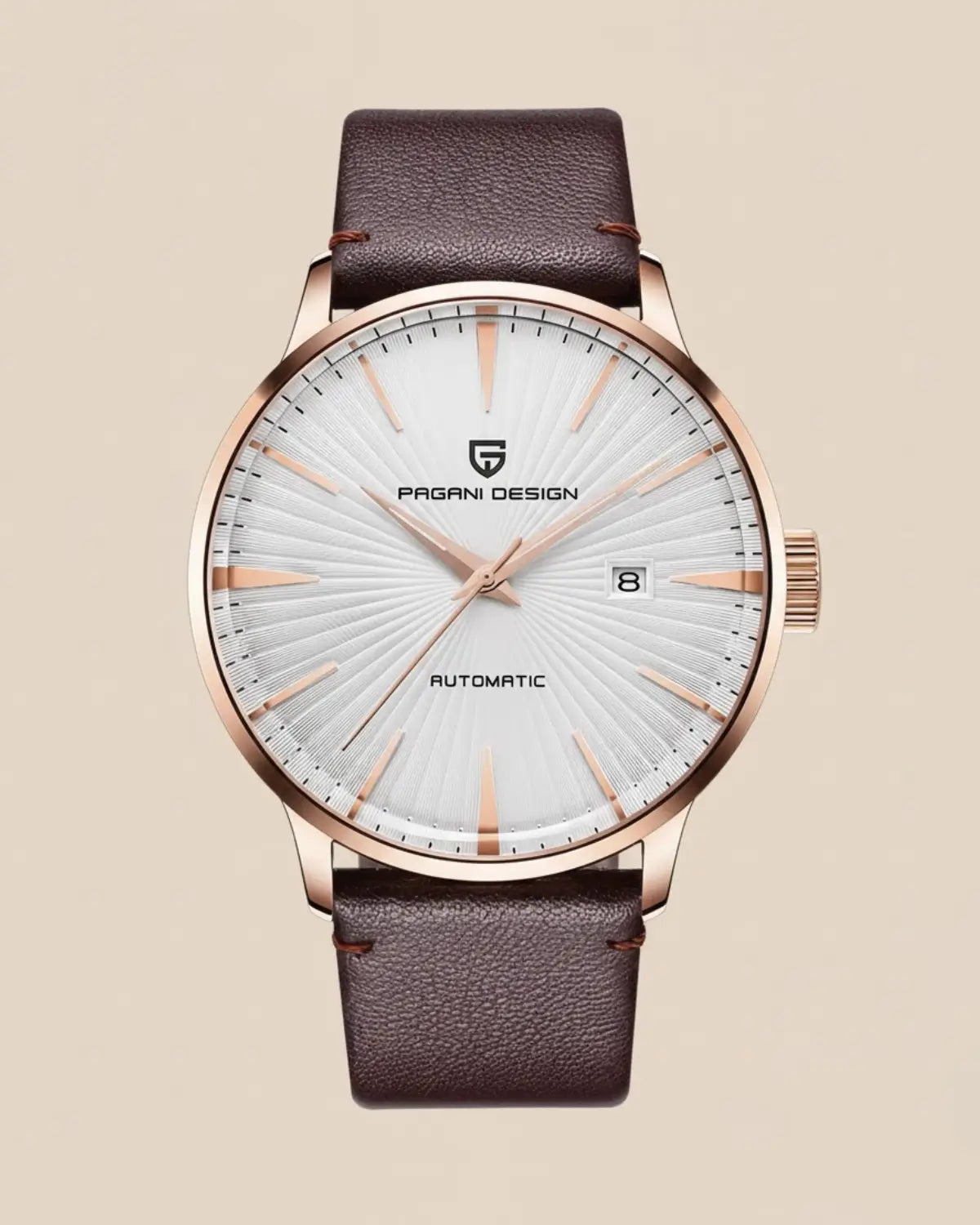 Relógio Masculino Pulseira de Couro Virtus White com mostrador branco e caixa dourada rosé.